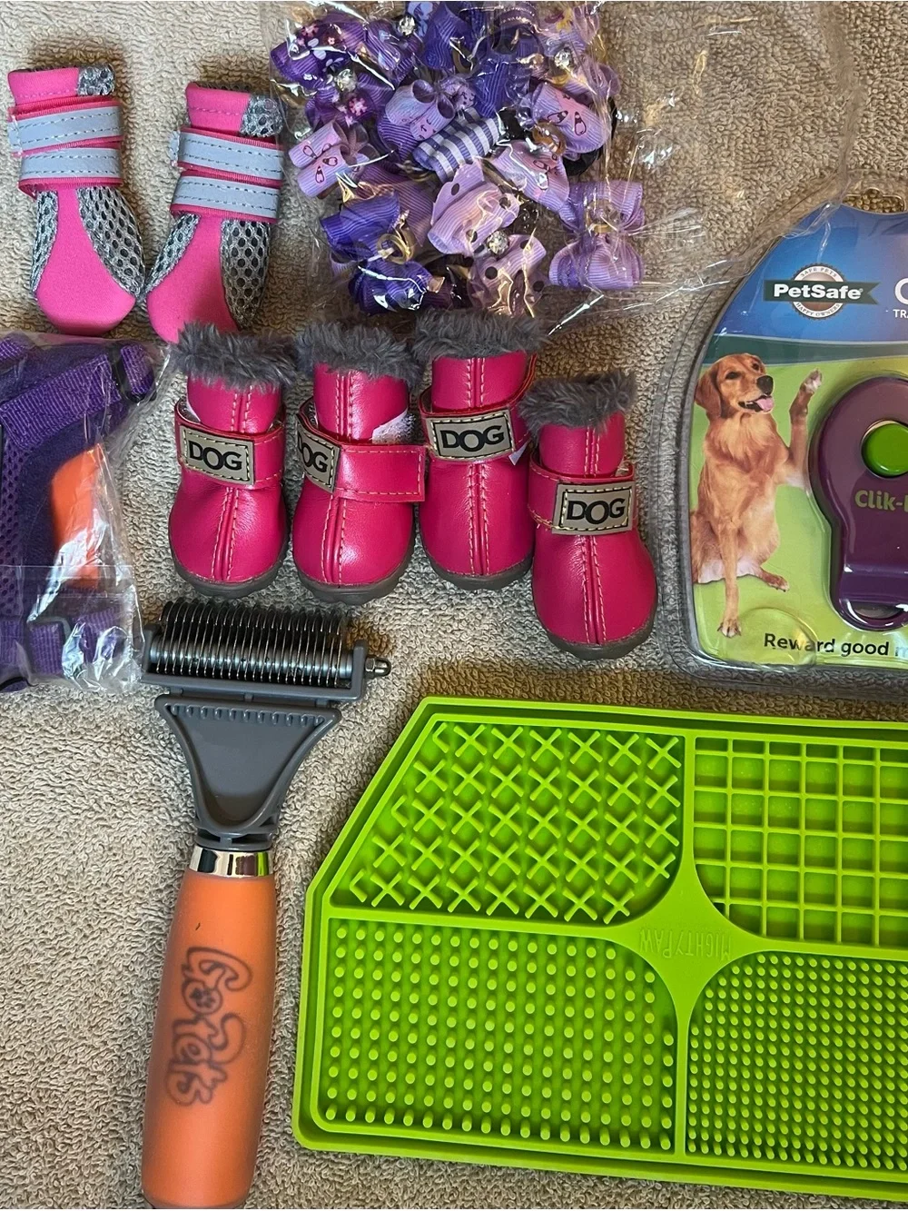 Pink Faux-Fur Dog Lot; Boots, go pets brush, clik-R, voyager xxxs mess harness